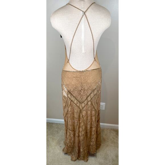 Retrofete Gianni Sequin Beaded Embellished Sheer Lace Champagne Maxi Dress Sz S - Picture 10 of 12